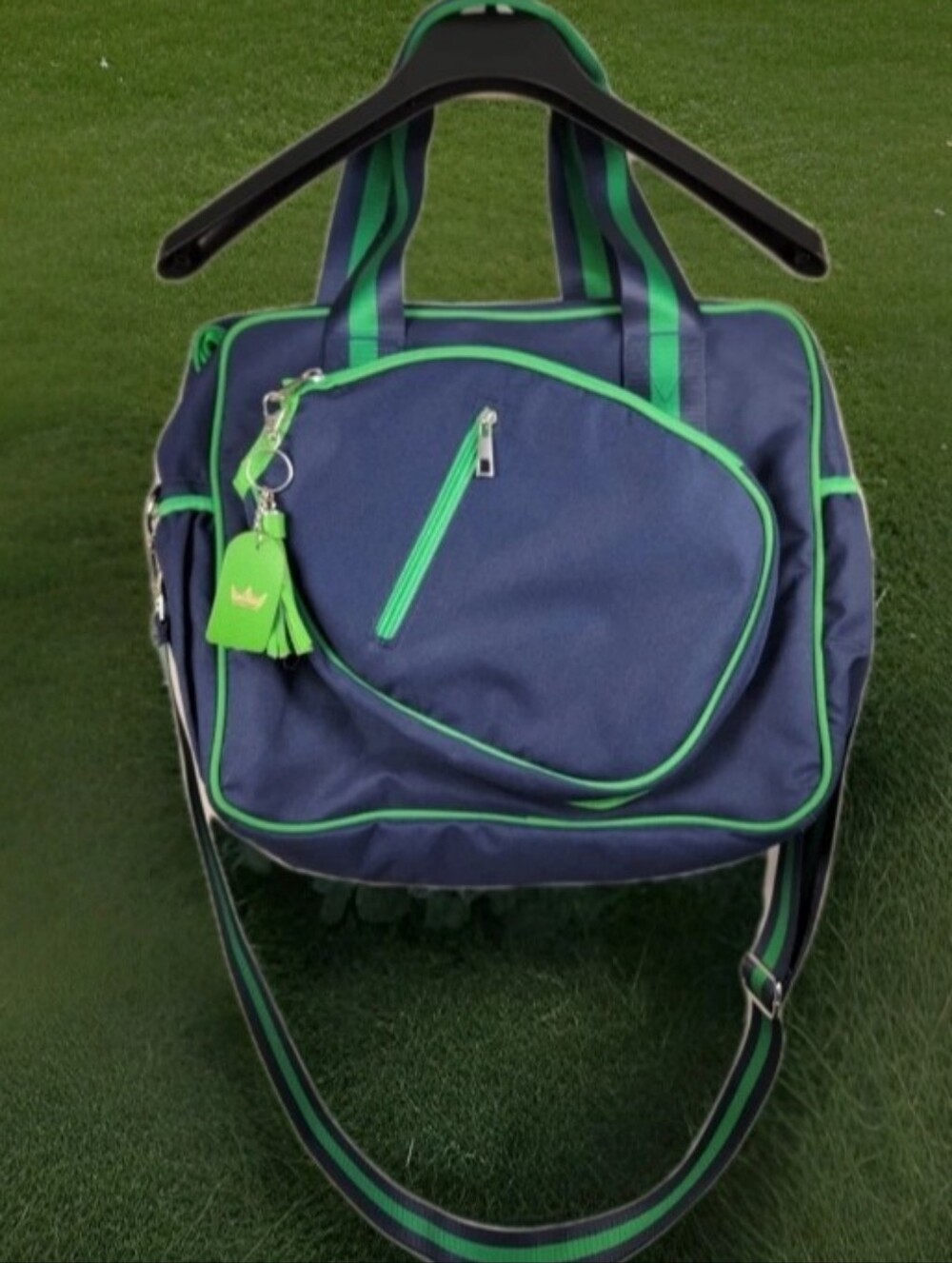 Pickle Ball Queen of the Court Green and Navy Tote Bag with Adjustable Straps